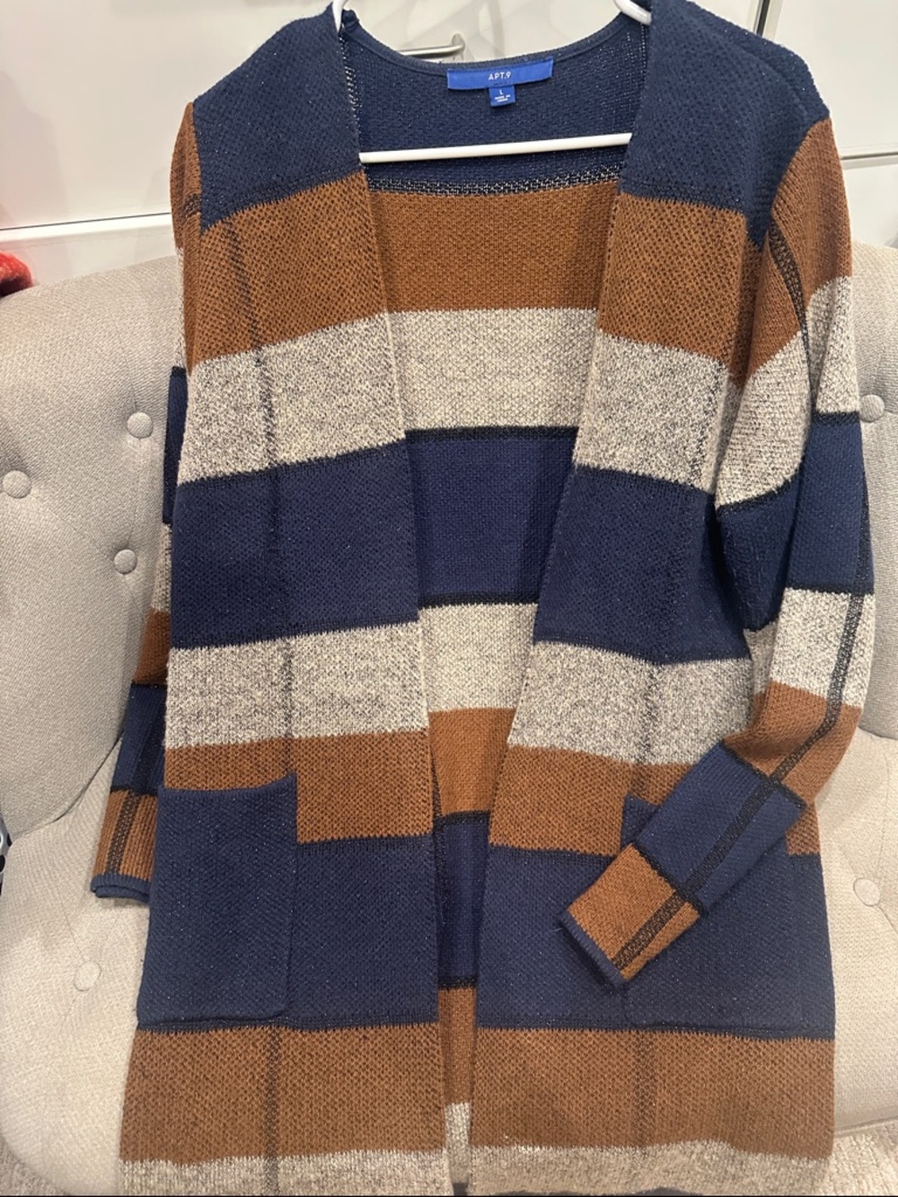 Apt. 9 Navy, Brown & Cream Striped Open-Front Cardigan